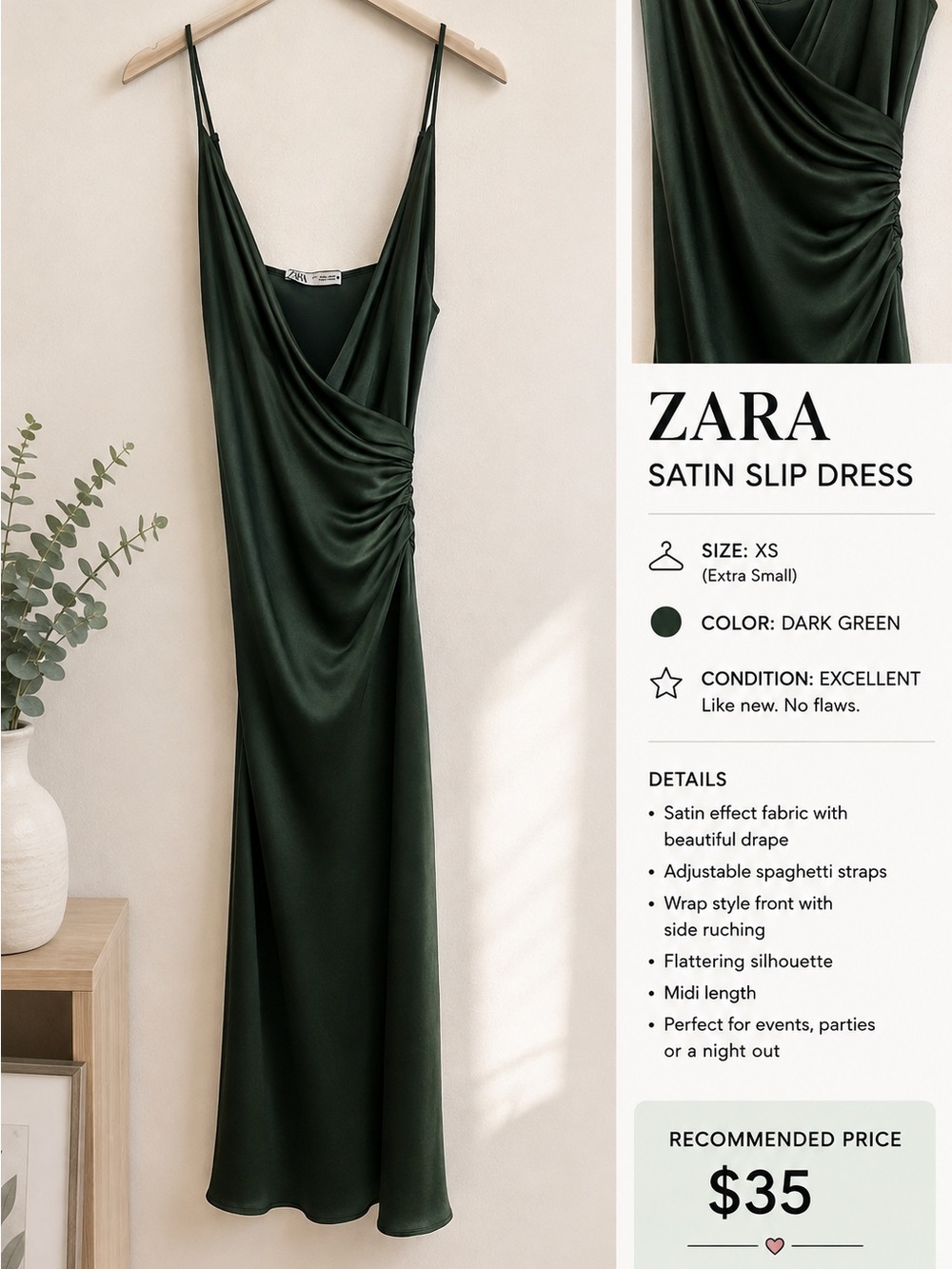 Zara Dark Green Satin Wrap-Style Midi Dress